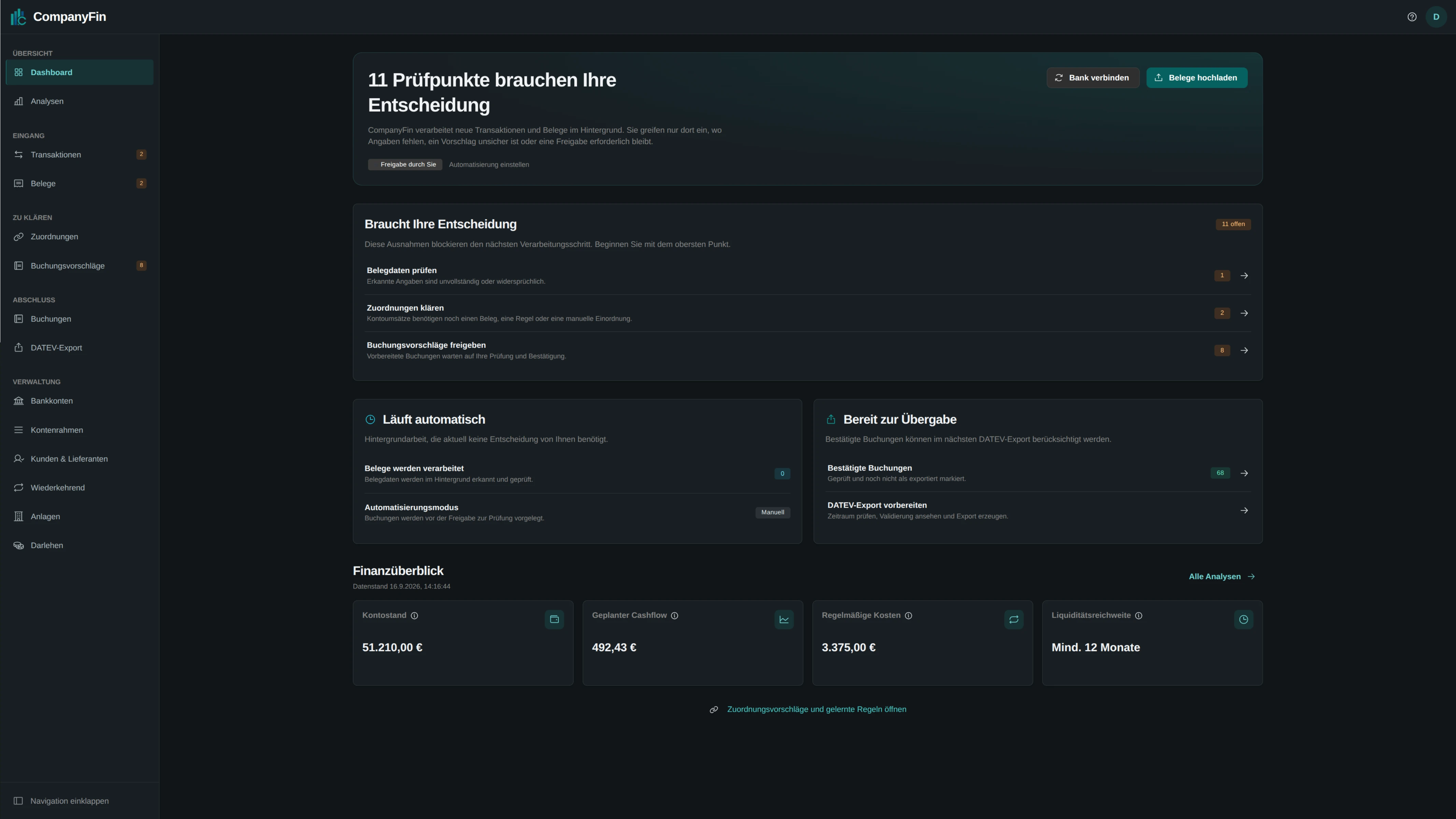 CompanyFin Dashboard - Finanzüberblick, Monatsumsatz und Kennzahlen